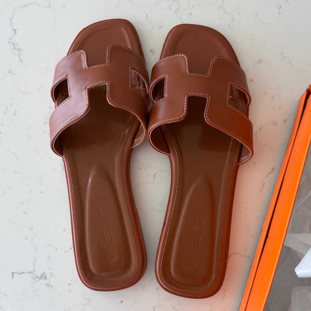 Women’s Brown Leather Slide Sandals - Size 8